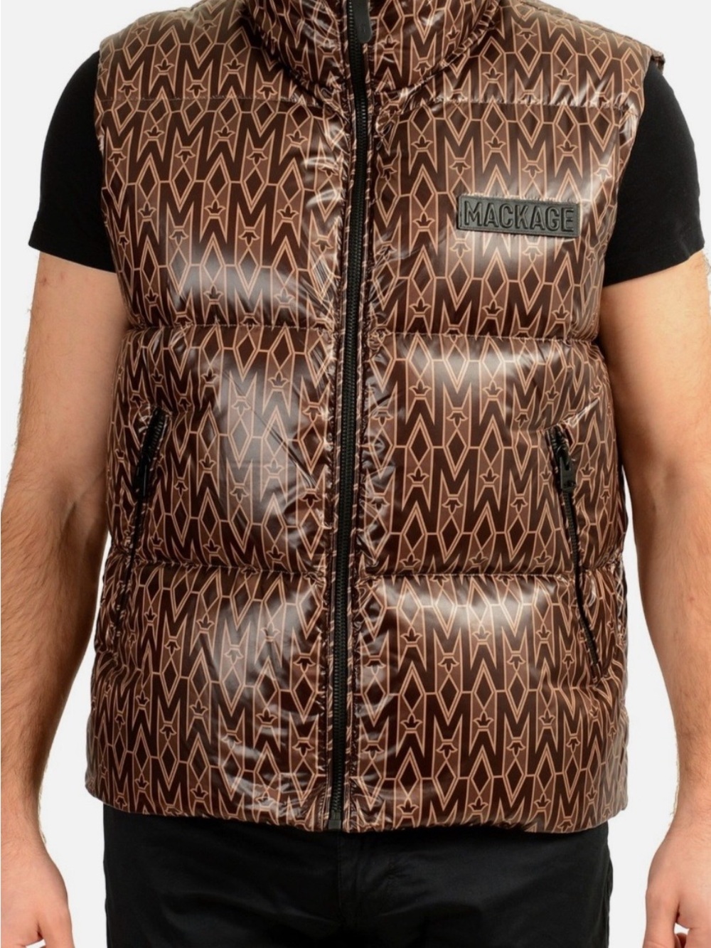 Mackage Brown Monogram Quilted Puffer Vest with Logo Patch